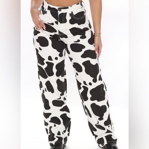 Black Cow Print Wide Leg Jeans